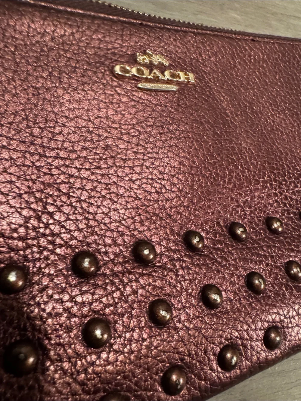 COACH Metallic Bronze-copper Studded Leather Wristlet Clutch